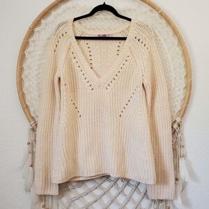 Calypso St Barth Callani 100% Wool V-Neck Ribbed Sweater Ivory Size Large